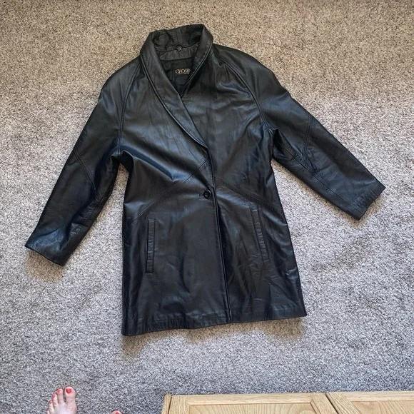 Faux Leather Blazer Jacket Women's XS Black Shoulder Pads Buttons - Picture 11 of 12